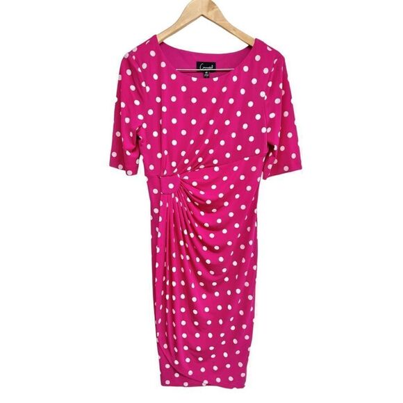 Connected Apparel Faux Wrap Dress Size 10 Petite Pink Polka Dot Short Sleeve NWT - Picture 1 of 10
